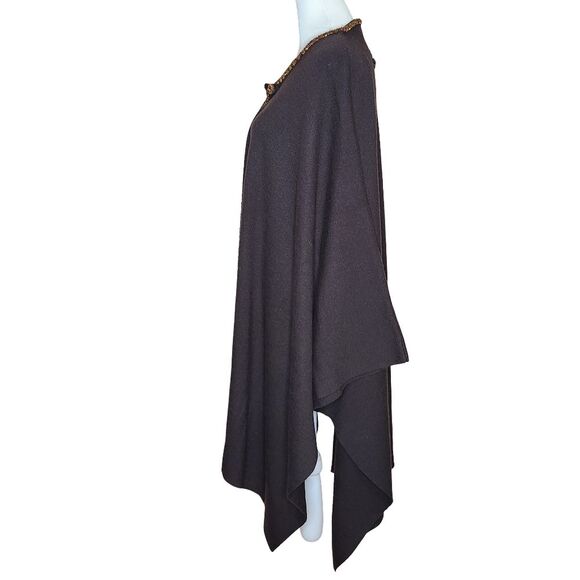 Marina Rinaldi Brown 100% Lana Wool Cape Poncho M/12-14 Beaded Trim Button Front - Picture 3 of 9